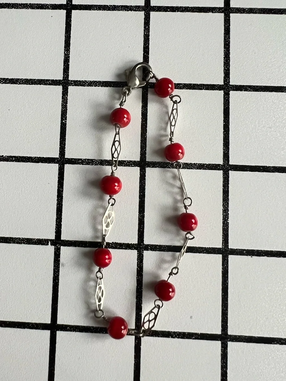 Vintage Red Beaded Silver Tone Link Chain Bracelet Bohemian Chic